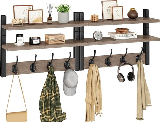 YMYNY Coat Rack Wall Mount with Shelf, Two-Tier Wall Shelf Mounted with 8 Hooks, Wooden Wall Coat Rack for Entryway, Bedroom for Hanging Clothes/Coats/Keys/Hats/Towels, Silver Gray, HWS009Y-2