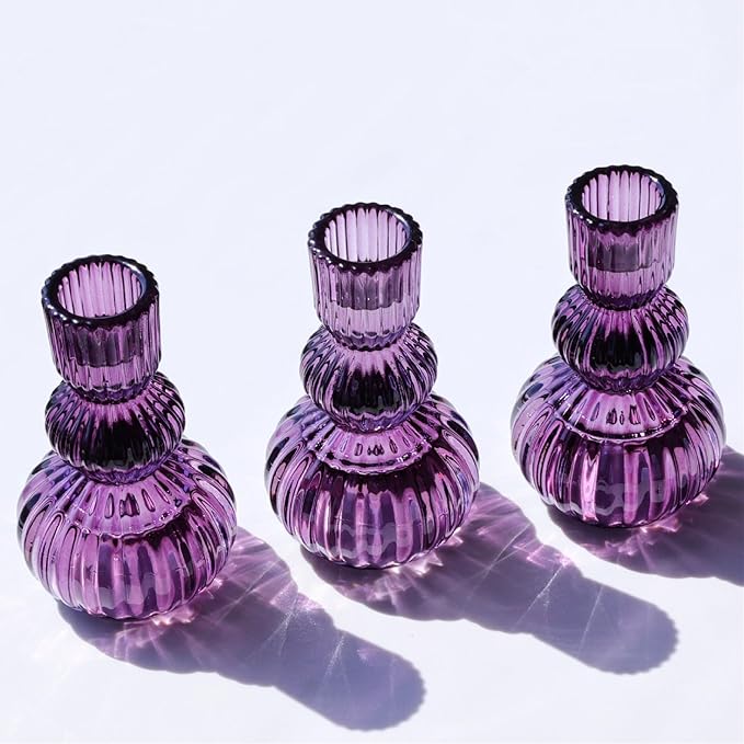Woho Purple Candlestick Holders Set of 3 for Halloween Decorations, 4.3" H Ribbed Glass Taper Candle Holders Bulk for Wedding Table, Vintage Candle Sticks Holder Decor for Birthday Party/Home Decor