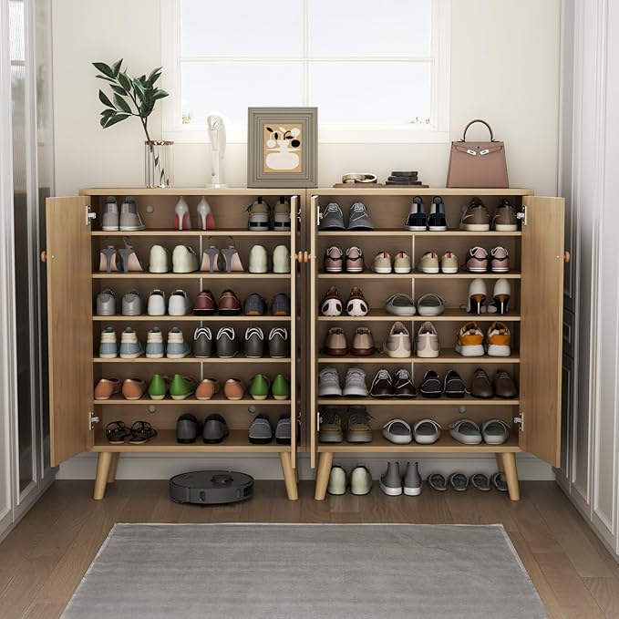 Loomie Rattan Shoe Cabinet, 6-Tiers Shoe Storage Cabinet for Entryway Hallway, 2 Door Accent Cabinet with Adjustable Shelves, 44" H Tall Sideboard Storage Cabinet Closet Living Room (Natural)