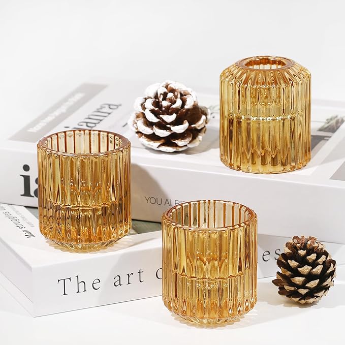 Reversible Amber Glass Candle Holder Set of 3, Thick Heat-Resistant Glass Candlestick Holders for Taper, Tealight, Votive, LED Candles, Perfect for Wedding, Party, Home Décor