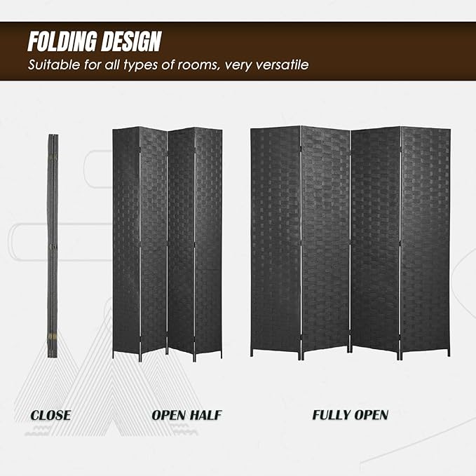 PayLessHere Room Divider 6FT Wood Mesh Hand-Woven Room Divider, 4-Panel Indoor Folding Portable Partition Screen,Gray