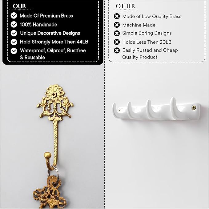 Indian Shelf 3-Packs Handmade Brass Heavy Duty Decorative Vintage Key Holder, Key Wall Hooks for Hanging Coats, Jackets, Leash, Hat, Towel, Backpack, Purse, Handbag for Hallway Décor (Golden)