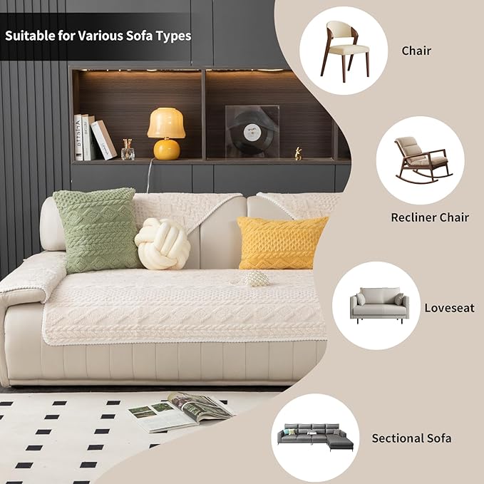 Geometric Jacquard Plush Warm Sofa Couch Cover, Soft Funny Fuzzy Couch Covers, Non Slip Sectional Sofa Slipcover, Cozy Washable Furniture Protector for Kids, Pets (Beige White, 36"x 71")
