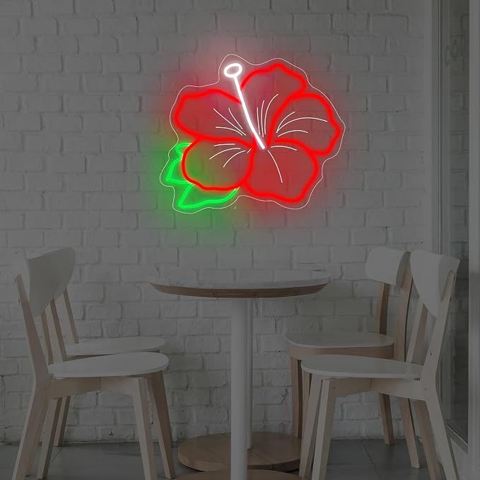Hibiscus Neon Sign Hibiscus Flower Neon Light Hawaii Floral Neon Light Tropical Flower Sign Home Wall Art Decoration, 15"x12", Red