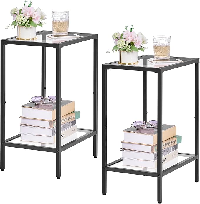 HOMSHO Side Tables Set of 2, End Tables with Tempered Glass, 2-Tier Nightstands with Storage Shelves, Coffee Table with Modern Style, Slim Sofa Table for Living Room, Bedroom, 11.8" D x 15" W, Black