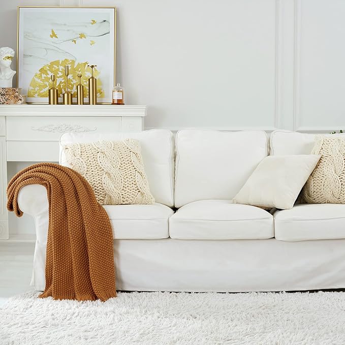 Chunky Cable Knit Throw Blanket Lightweight Burnt Orange 100% Organic Cotton Blanket for Sofa Couch Bed Baby Nursery, Rustic Shabby Chic Modern Farmhouse, 60” x 80” Give Laundering Bag