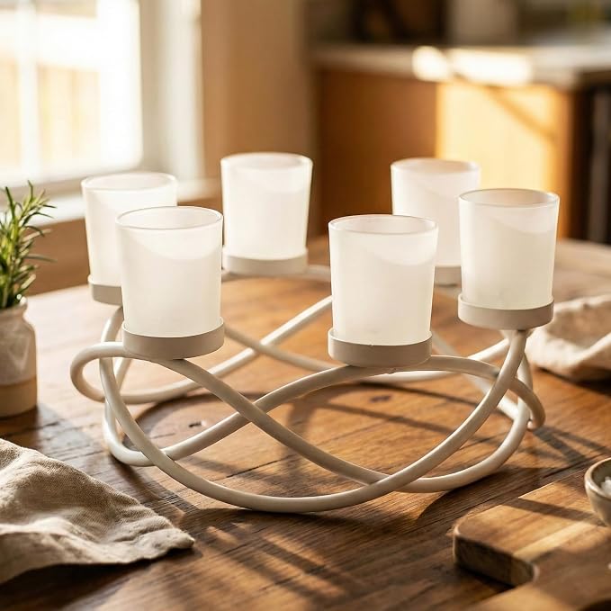 Seraphic Tealight Candle Holder Centerpieces for Wedding Decor, White | Wedding & Event Centerpiece, Round Wrought Iron 6 Votive Cups, Patio & Dining Table Decor, 10.5in Round
