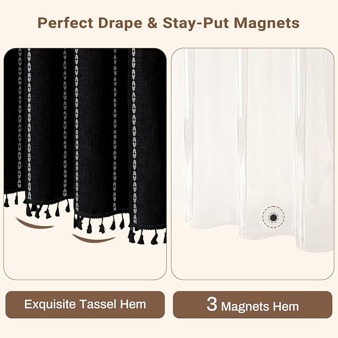 BTTN 3 in 1 Shower Curtain with Liner,78 Inch Long Boho Linen Striped Cloth Shower Curtain Set with Plastic Hook, Tall Farmhouse Bohemian Waterproof Shower Curtain for Bathroom, Black and White, 72x78