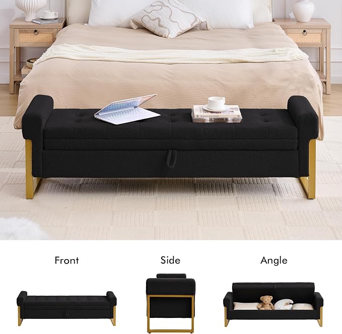 67" End of Bed Storage Bench King Size, Bench for Bedroom Foot of Bed, Upholstered Teddy Storage Ottoman with Gold Legs for Window Living Room, Teddy Black