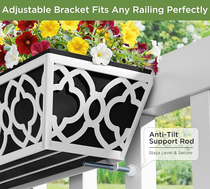 Y&M 30'' Metal Railing Planter Box Set with Black Non-Woven Fabric Liner, Flower Boxes with Adjustable Brackets, 4 Pcs Large Hanging Window Boxes for Fence, Deck, Balcony, and Garden - Gray