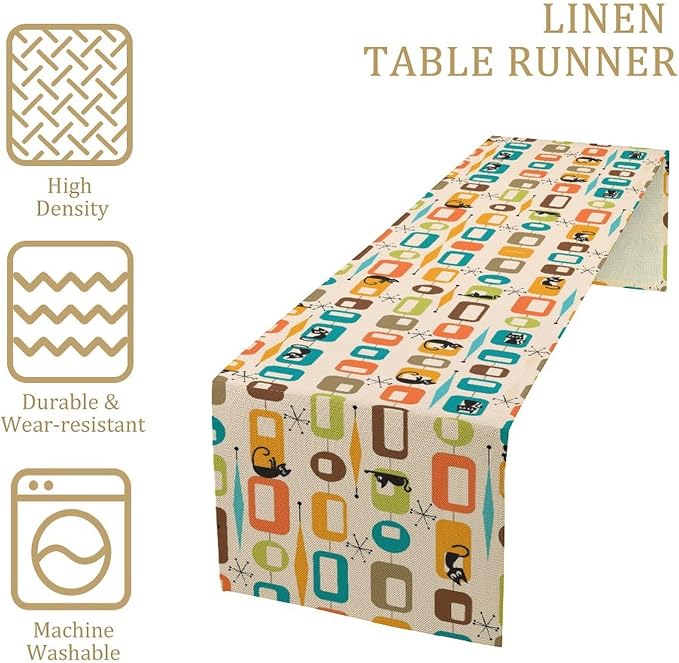 Mid Century Table Runner, Modern Atomic Pattern Absctract Geometric Retro 1950S 1960S Dinner Runner for Home Kitchen Dining Table Decoration 13x108 Inch