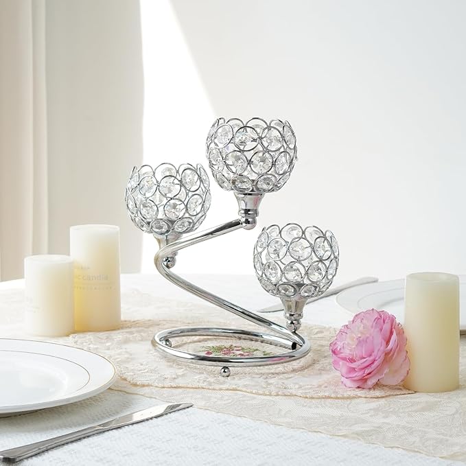 Metal Crystal Candle Holder Set of 3 - Elegant 5-Arm Metal Tea Light Centerpiece with Shining Crystal Bowl, Wedding Anniversary Table Decor for Dining, Party (Silver, 2 Pcs 3 Arm)
