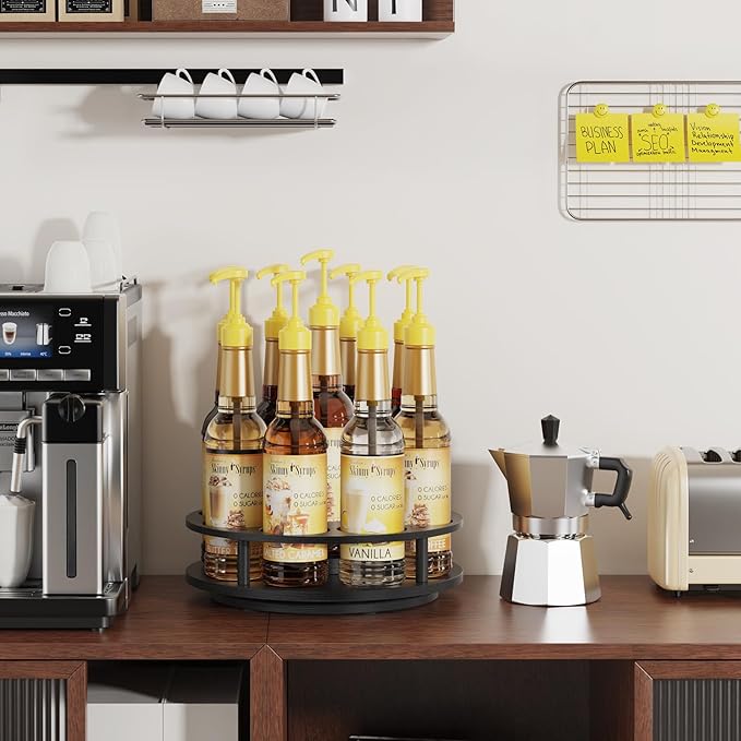 THYGIFTREE Rotating Coffee Syrup Organizer for Countertop, 9-Bottle Wooden Syrup Rack & Bottle Holder for Coffee Bar Station, Turntable Display Stand, Black