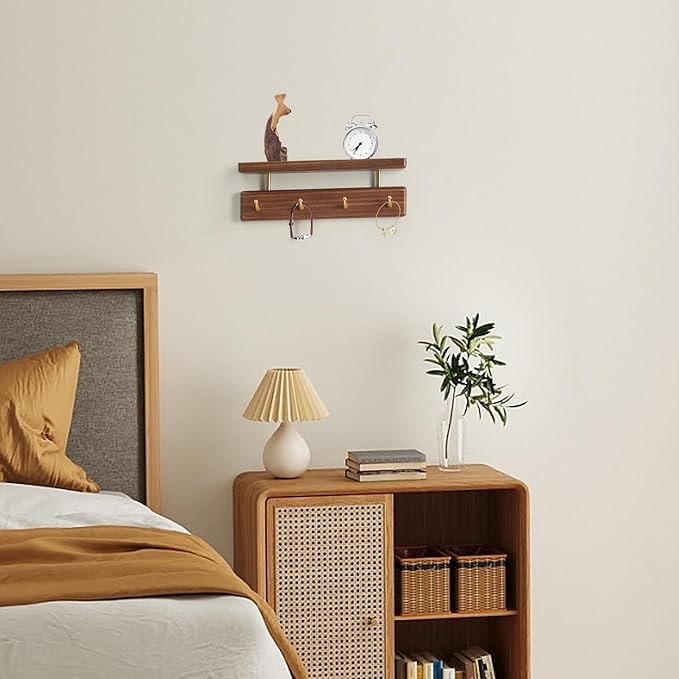 Solid Wood Shelf with Hooks, 12 inch Coat Rack Wall Mount, Shelves with 4 Brass Hooks for Hanging in Entryway, Living Room, Bathroom, Bedroom, Kitchen(Walnut)