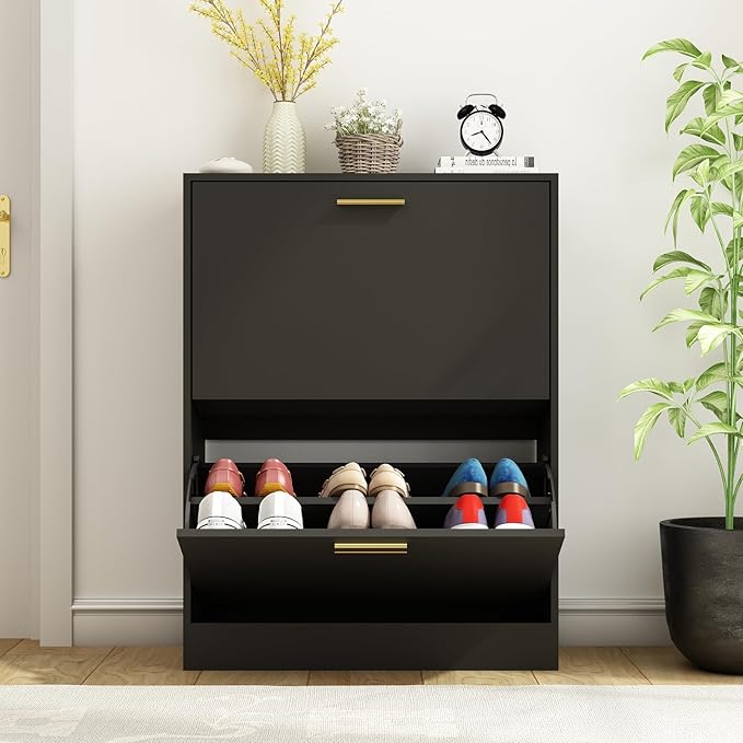 Shoe Cabinet Storage for Entryway, White Shoe Organizer with 2 Flip Drawers & Open Shelf, Freestanding Hidden Large Shoe Storage Cabinet (2pc-Black, 2 Flip Drawers)