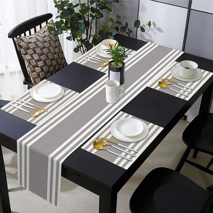 Emvency White Grey Stripes Table Runner and Placemats Set of 6,Modern Geometric Painting Art Dining Decor for Daily Use(1 Table Runner 72 inches Long and 6 Placemats)