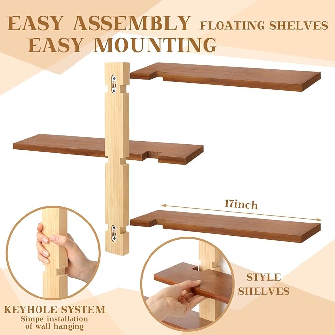 Pinkunn 2 Pack Wood 3 Tier Floating Shelf Large Minimalist Wall Shelves Mid Century Modern Furniture Wall Mount Shelf Art Decor Rustic Shelving for Bedroom Living Room Office Home(Natural Wood)