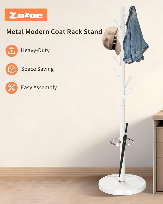 ZOZOE Metal Coat Rack Stand, Modern Coat Rack Freestanding with Natural Marble Base, Sturdy Industrial Coat Racks with 8 Hooks & Umbrella Holder,White Coat Tree Hanger Stand for Entryway,Office
