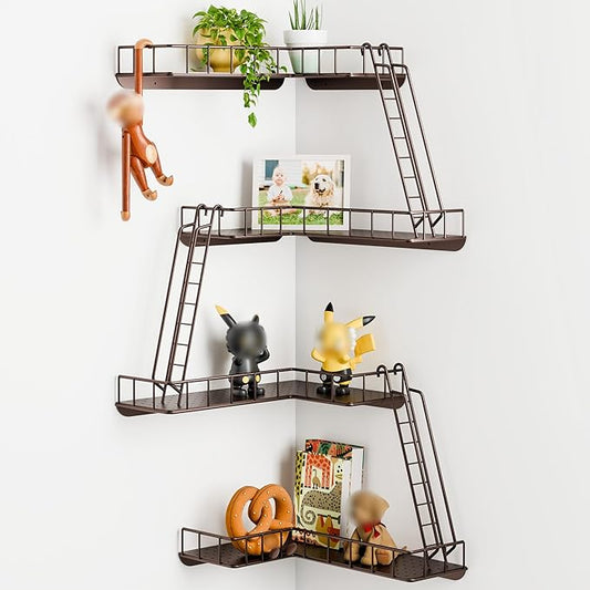 Fire Escape Wall Shelf - Modern City Style 4-Tier Corner Wall Shelves, Easy to Install Metal Ladder Shelf for Figures, New York Decorative Shelves for Bathroom, Living Room&Home Decor,Coffee