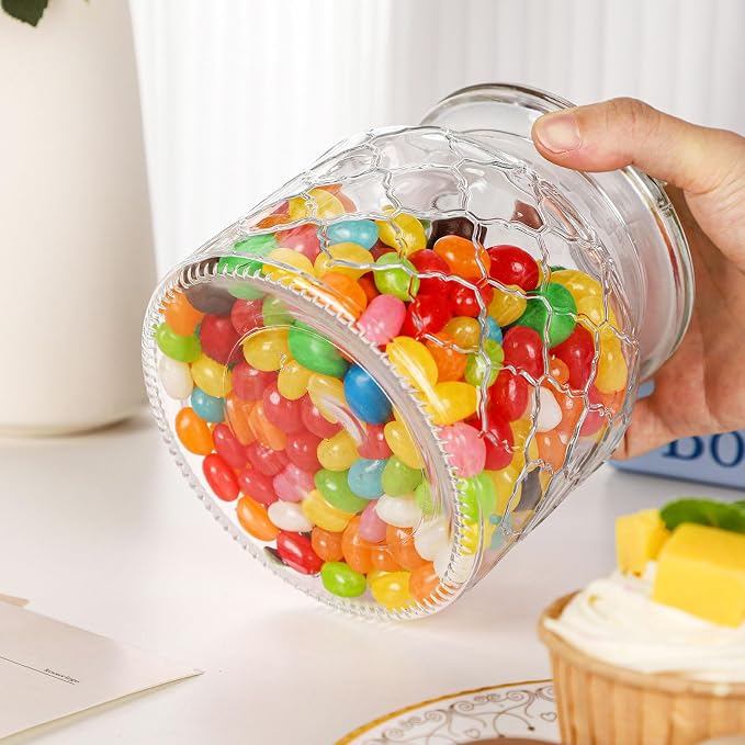 WHJY Set of 2 Airtight Glass Jars, 45oz Jar of Hearts Cute Cookie Jar Decorative Jars with Lids Candy Jars for Candy Buffet Heart Shaped Lid - Grids Textured