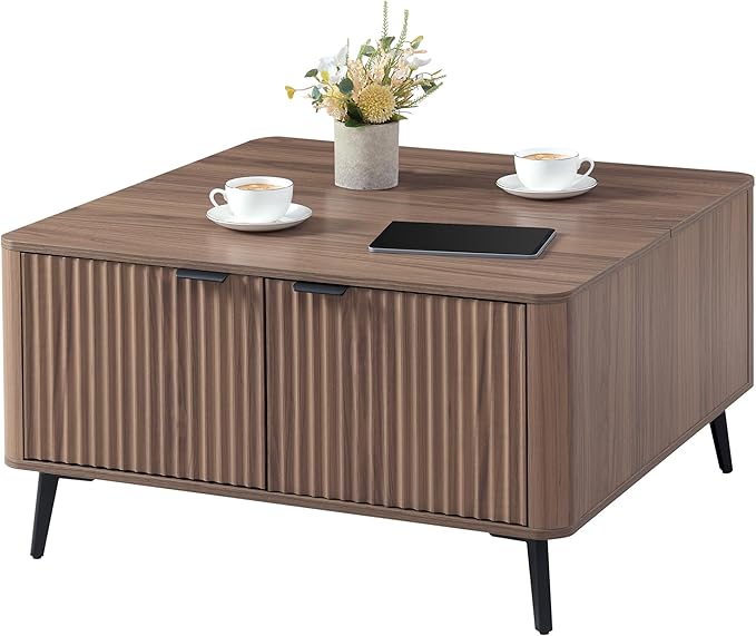 Fatmok Large Lift Top Coffee Table with Hidden Compartment, 35.4" Wide Oversized Square Coffee Table with Storage, Mid Century Modern Fluted Center Table for Home Living Room, Brown
