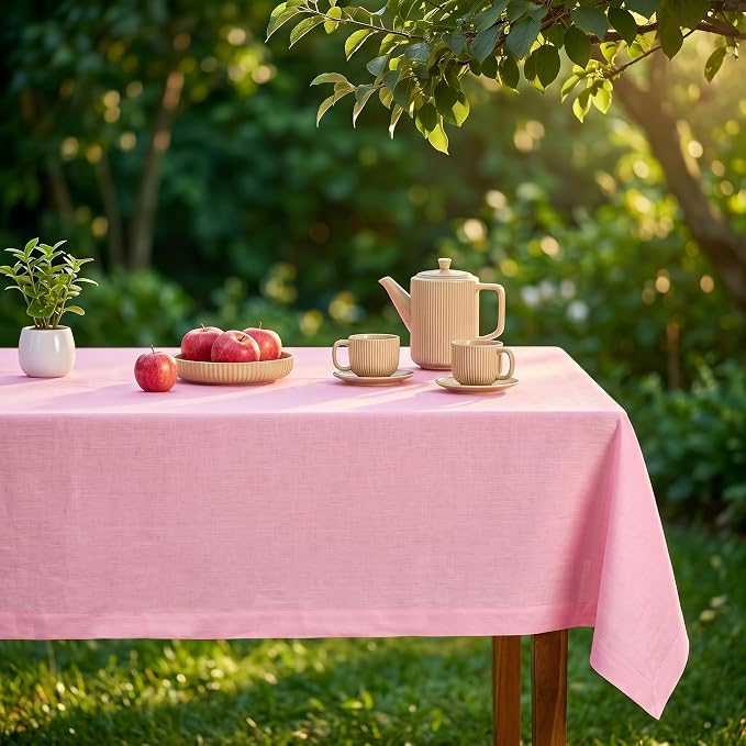 Solino Home Linen Tablecloth 60 x 120 Inch - 100% Pure Linen Pink Lemonade Table Cloth for Rectangle Tables - Fete, Machine Washable Tablecloth for Summer