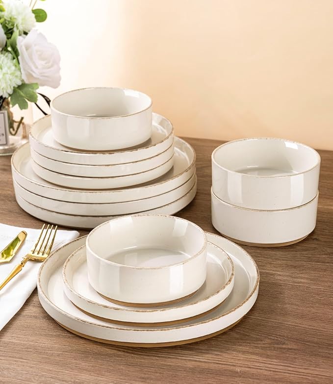 AmorArc Ceramic Dinnerware Sets for 8, 24 Pieces Handpainted Plates and Bowls Set with Rustic Terracotta Underside, Scratch Resistant Stoneware Dishes Set, Dishwasher & Microwave Safe