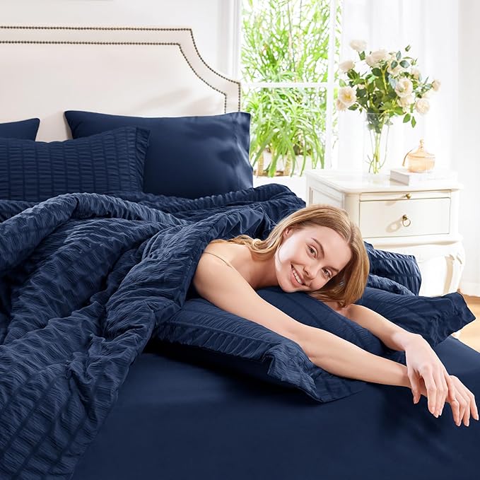 CozyLux Twin XL Comforter Set with Sheets Seersucker Navy Blue 5 Pieces Bed in a Bag, Twin Extra Long Luxury Soft Bedding Sets College Dorm with Down Alternative Comforter, Sheets, Pillowcase & Sham