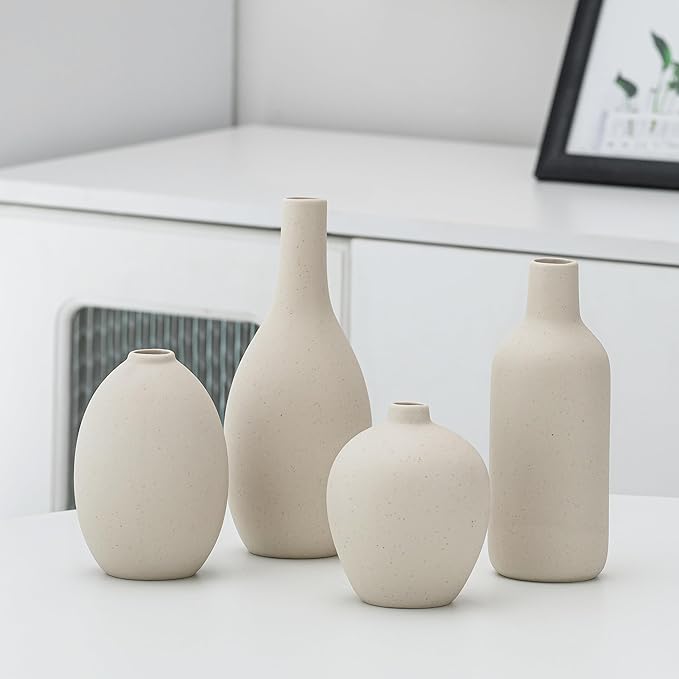 Beige Ceramic Vase Set of 4,Modern Farmhouse Decorative Vases for Entryway Mantel Centerpiece Bookshelf Console Table