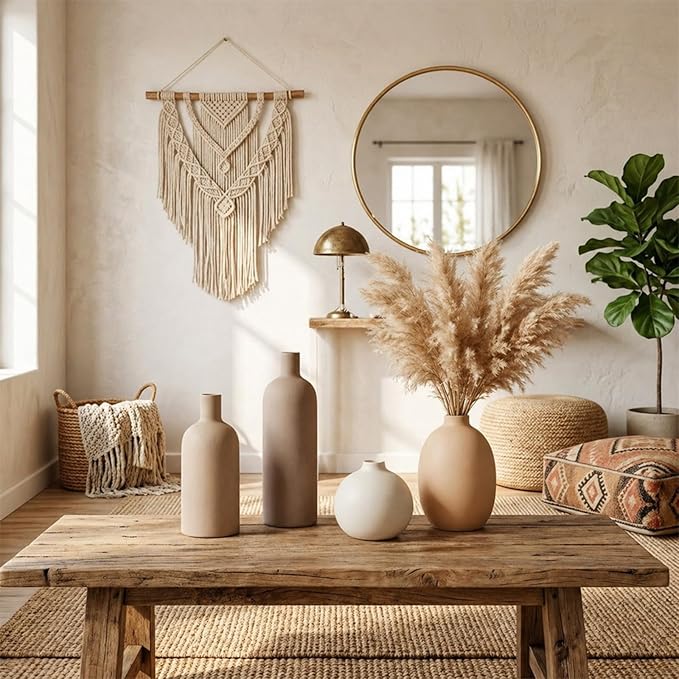 Ceramic Vase Set of 4 – Handmade Boho Neutral Farmhouse Pottery Vases for Pampas Grass, Modern Dried or Fresh Flowers, Decorative Vases for Living Room, Table, Shelf & Entryway
