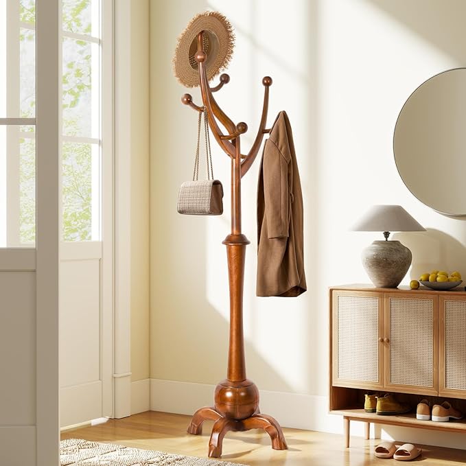 Wooden Coat Rack Freestanding with 8 Hooks, Heavy Duty Coat Hanger Stand with Stable Base, Vintage Coat Tree Standing Coat Racks for Entryway, Hallway, Bedroom (Light Brown)