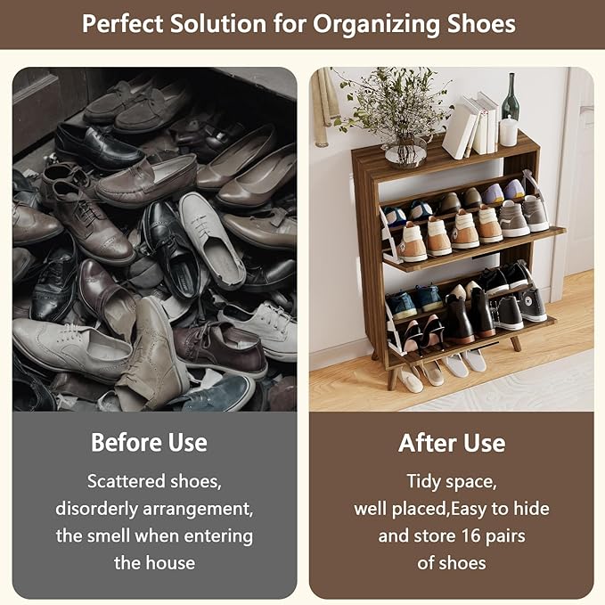 Spaco Walnut Shoe Cabinet for Entryway,Narrow Shoe Storage Cabinet with 2 Flip Drawer and Solid Wood Leg,Freestanding Slim Shoe Organizer for Entryway, Hallway