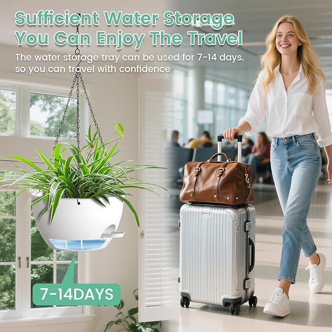 UOUZ Set of 3-10 Inch Self Watering Hanging Planters for Indoor Outdoor，Hanging Plant Pots with Drainage & Removable Tray, Hanging Pots for Pothos Plant, Spider Plants, Ferns, Balcony & Patio, White