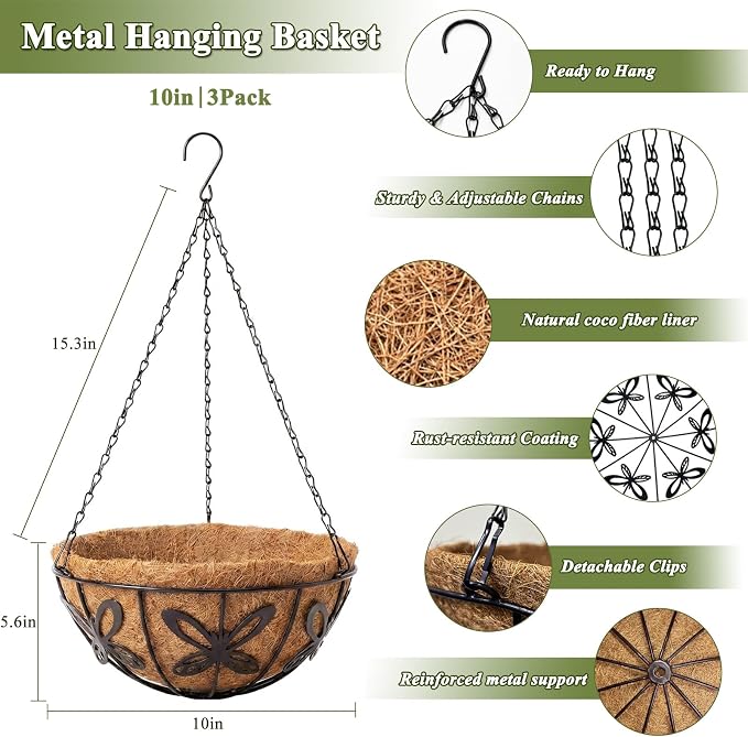 3 Pack Hanging Baskets for Plants Outdoor 10 Inch Butterfly Metal Hanging Planters with Coco Coir Liner, Round Hanging Flower Basket for Home Garden Patio Balcony Porch