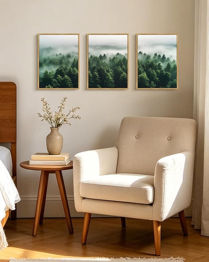 PHOPAGO Green Fog Pine Tree Framed Wall Art Nature Misty Nordic Forests Artwork Morden Paints Bedroom Living Room Home Decor - 11x14in Natural Framed