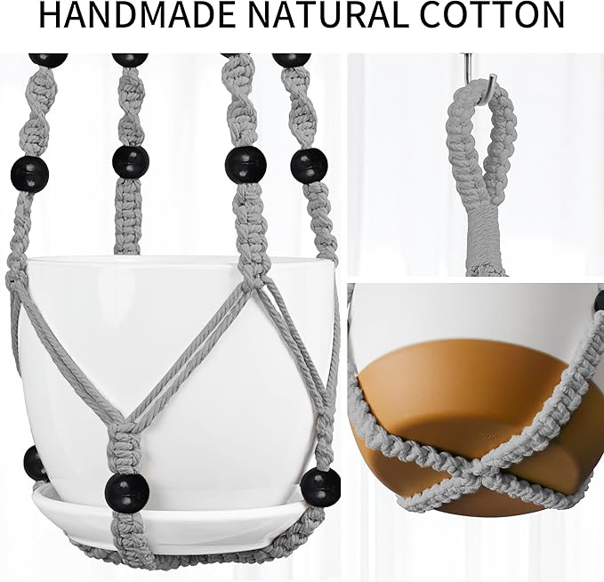 Macrame Plant Hanger - Fits 4 to 13 inches Pots for Indoor Outdoor, 35"/29"/23" Different Sizes Set, Gray (POTS NOT Included)