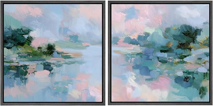 SIGNFORD Framed Canvas Print Wall Art Set Pastel Impressionist Landscape Artwork, Soft Blue Pink Illustrations Modern Art Minimal Relax/Calm for Living Room, Bedroom, Office - 24"x24"x2 BLACK