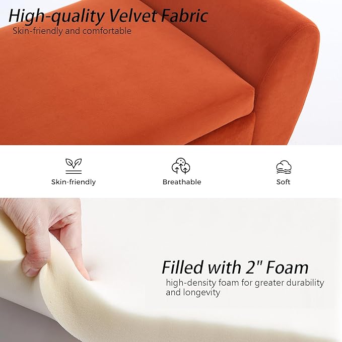 Storage Bench for Bedroom, 55" Extra Long Bench for King Size Bed, Modern Upholstered End of Bed Ottoman Bench with Arms for Entryway Living Room (Velvet, Orange)