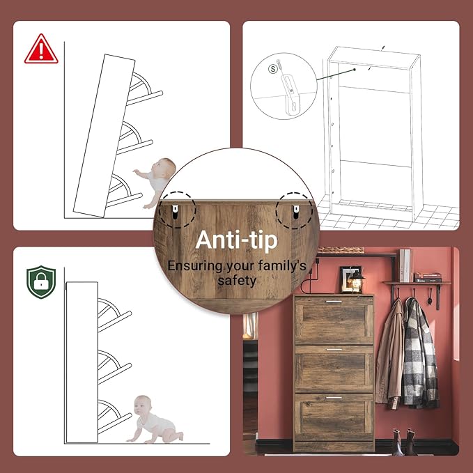 Haotian Shoe Cabinet Storage for Entryway, Narrow Shoe Cabinet with Three Flip Drawers to Save Space, Shoe Rack Cabinet for Front Door Entrance Hallway (Brown)