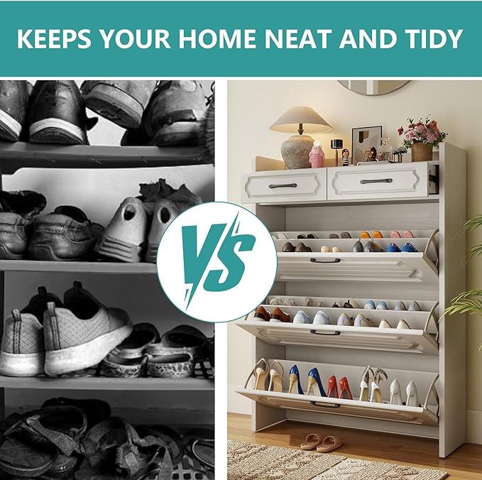 Shoe Cabinet with 3 Large Flip Drawers and 2 Storage Drawers, Narrow Shoe Organizer Cabinet Fits for Kinds of Shoes, Hidden Shoe Storage Cabinet for Entryway, Hallway, White