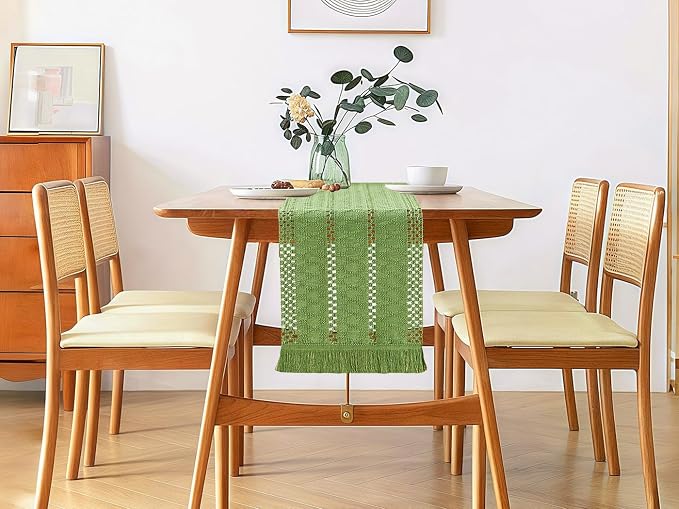 YATOJUZI Green Table Runner Pure Green Boho Table Runners with Tassels 108 Inches Seasonal Long Table Runner Rustic Farmhouse Table Runners for Bohemian Dining Bedroom Kitchen Decor 12x108 Inches