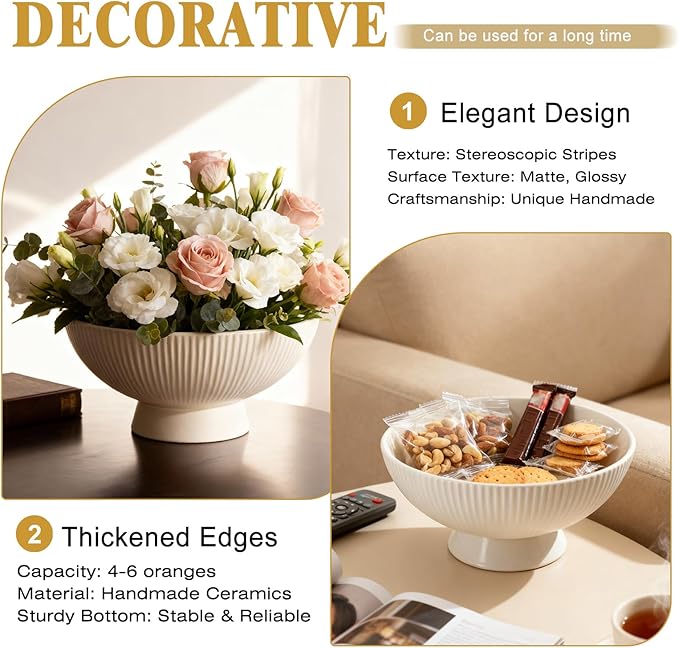 Decorative Bowl 8 Inch Fruit Bowl for Kitchen Counter Modern Pedestal Footed Centerpiece Bowl for Coffee Table & Home Decor Fall Catch-All Bowl for Key, Candy, White