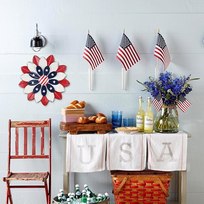 hogardeck 4th of July Decorations Outdoor, Red White Blue Metal Flower Wall Art for Fourth of July Decor, 3D Metal Floral Patriotic Decorations for Yard Garden Home Indoor