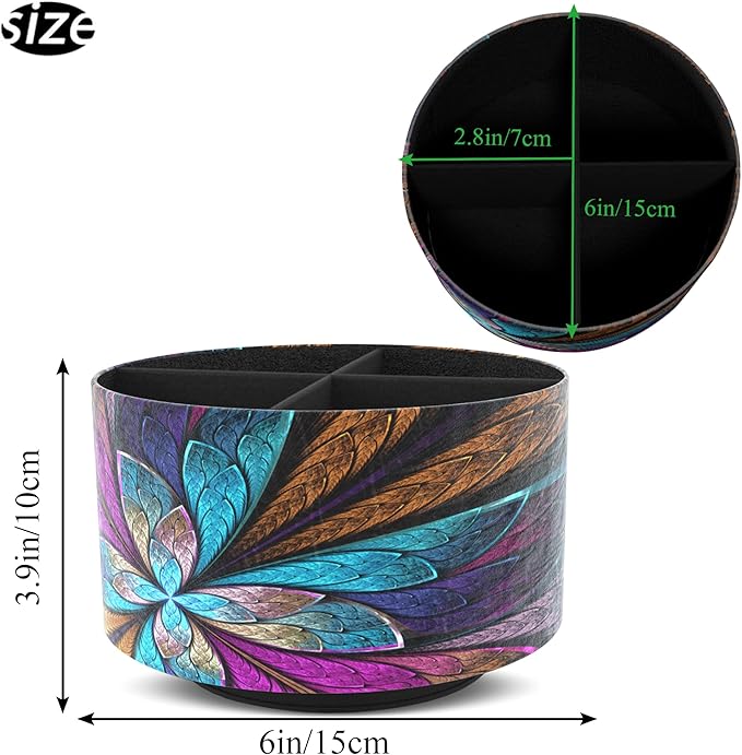 Round Leather Art Supply Organizer,Remote Control Holder,360 Degree Rotating,Multi-Functional Pencil Holder,4 Compartments Desktop Stationary Organizer(1-Fractal Flower) | Round, 360 Degree Rotating, Multi-Functional, Desktop