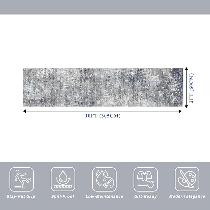 2x10 ft Washable Hallway Runner Rug – Non-Slip Stain-Resistant Low-Pile Long Carpet Runner for Kitchen Entryway Living Room Bedroom Bathroom, Modern Abstract Neutral (Blue Gray,2x10)