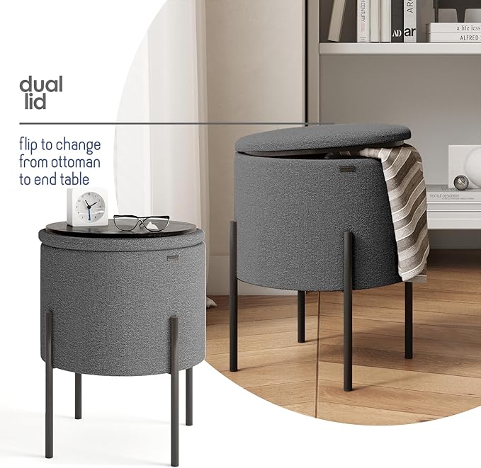 Round Ottoman with Storage, Boucle Storage Foot Stool, Makeup Vanity Stool, Small Ottoman Foot Rest, Modern Ottomans for Living Room and Bedroom, Grey