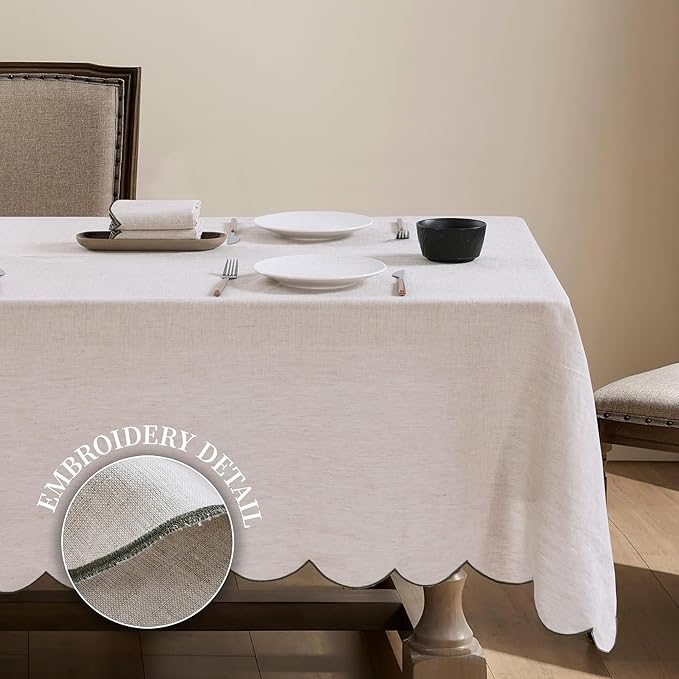 100% French Flax Linen Tablecloths Scalloped Embroidery Rectangle 84Lx60W Inch for Dinners, Parties, Spring, Machine Washable, 6-8 Sets, Linen(Edges-Green)