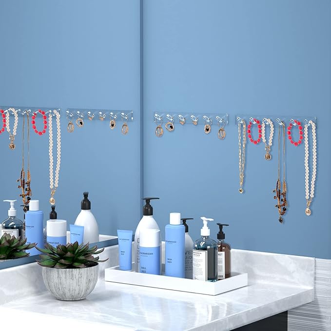 AITEE Necklace Holder, Acrylic Necklace Organizer Wall Mounted with 6 Hooks, for Hanging Necklace, Jewelry, Bangles, Bracelets and Rings, Best Gifts for Women(4 PACK)