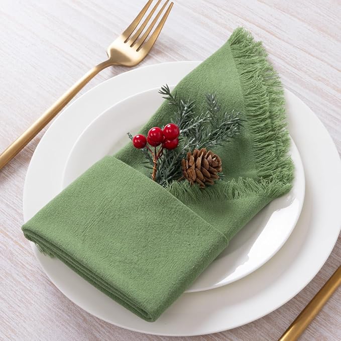 DeZerlor 6 Pack Sage Green Cotton Linen Napkins with Fringe Summer Cloth Napkins Set of 6 Boho Handmade Dinner Napkins Bulk for Wedding Bridal Baby Shower Parties, 17 x 17 Inches