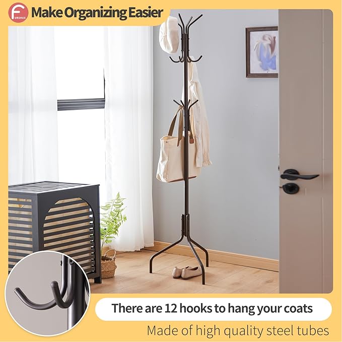 Coat Rack Freestanding,hat and coat rack stand for entryway,Living Room,Bedroom,Metal coat tree with12 Hooks and 3 Legs (Brown)